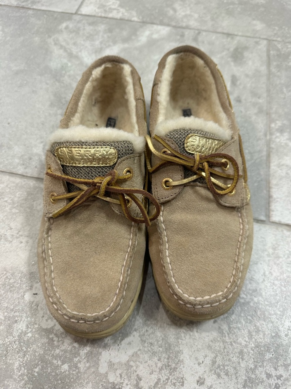 Sperry Suede Moccasin Slippers in Tan with Shearling Lining-7